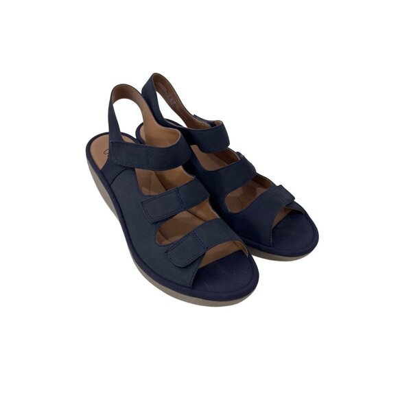 Clarks Navy Blue Nubuck Adjustable Strap Wedge Sandals Women Size 9.5M Comfort - Picture 3 of 14
